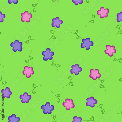 Floral seamless pattern. Pink, purple and blue flowers on a bright green background.