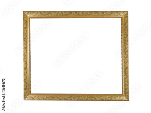Wooden frame for paintings with golden patina. Isolated on white