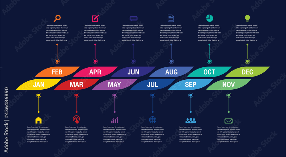 12 months or 1 year timeline infographic, timeline infographics for annual report and presentation,Timeline infographics design vector and Presentation business. - obrazy, fototapety, plakaty 