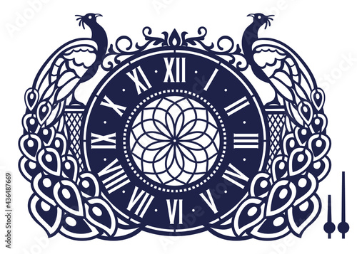 Laser cuttind template. Peacock wall clock home decor.  Laser metal or wood cutting. Ornate clock face with numerals and arrow. Vector watch. Black and white silhouette for cut on cnc machine