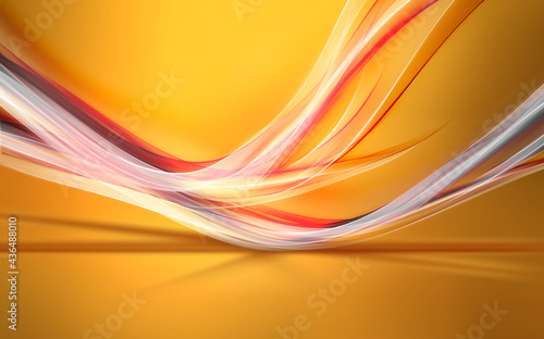 White and red waves with shadow on gold background. Interior display studio texture. Sunset summer design.