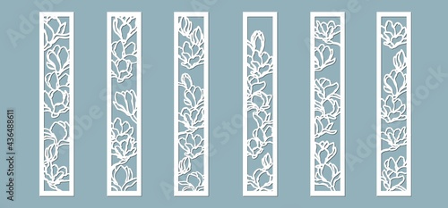 Magnolias flowers pattern. Set, panel for registration of the decorative surfaces. Vector illustration of a laser cutting. Plotter cutting and screen printing