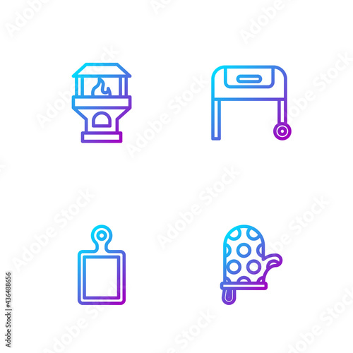 Set line Oven glove, Cutting board, Brick stove and Barbecue grill. Gradient color icons. Vector