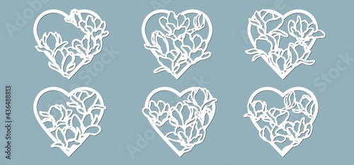 Set stencil hearts with flower magnolia. Template for interior design, invitations, etc. Vector illustration. Sticker set. Pattern for the laser cut, serigraphy, plotter and screen printing.