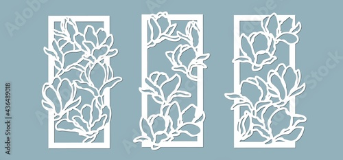 Magnolias flowers pattern. Set, panel for registration of the decorative surfaces. Vector illustration of a laser cutting. Plotter cutting and screen printing