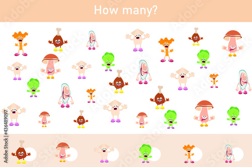Educational game for children. Count how many elements and write down the result. Preschool worksheet. Collection of educational games.Cartoon mussel, chanterelles, lettuce, champignon, chicken legs. © Evgeniya