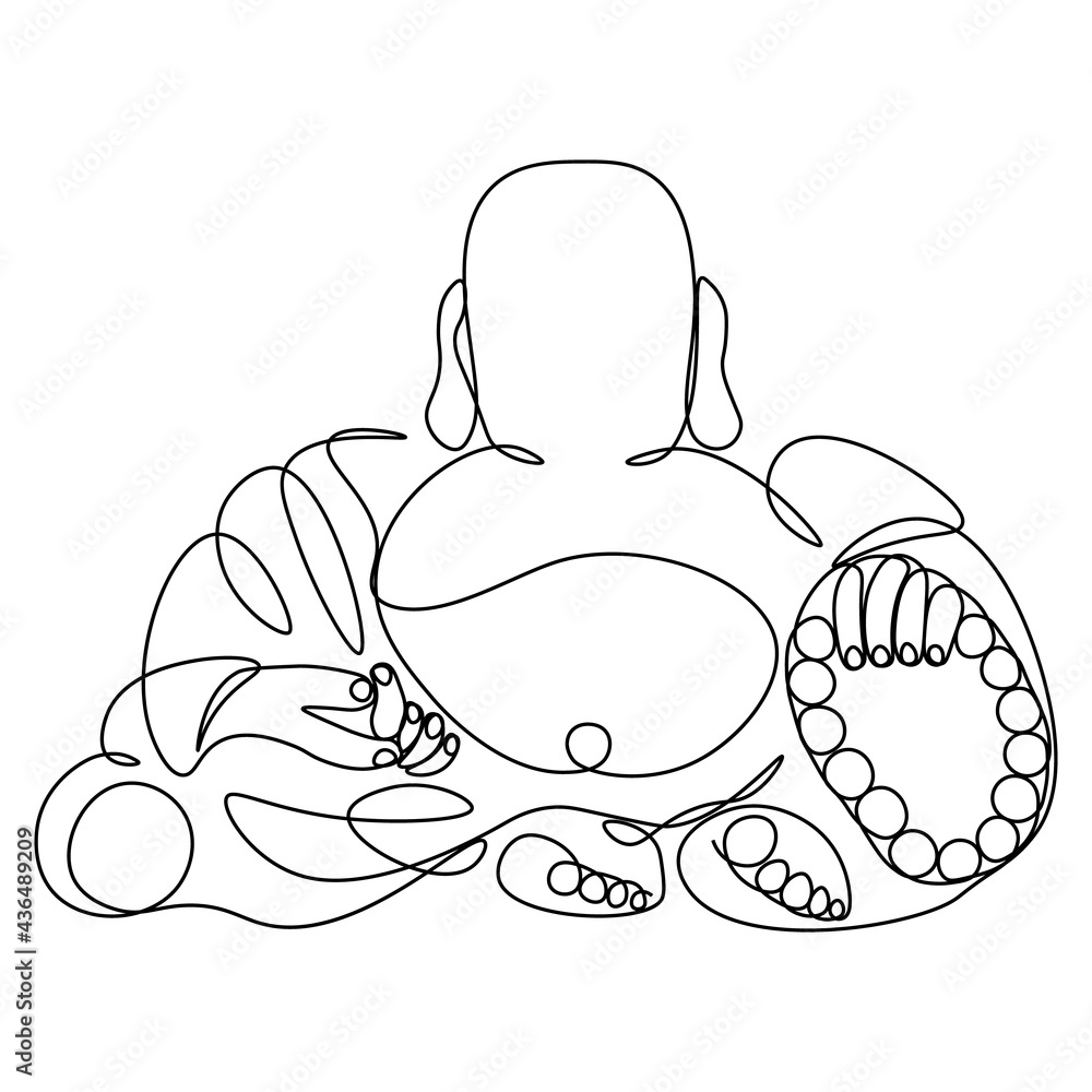 Buddha Silhouette with rosary beads One Line Drawings. Religion the