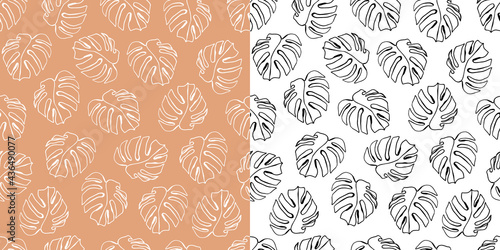 Set of Vector floral, Tropical leaves seamless pattern. Blue, beige leaf monstera in hand drawn modern Line art style. Decorative natural ornament for print textile