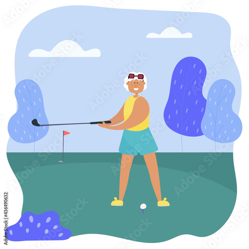 Black granny plays golf. Grandmother spends her leisure time actively.