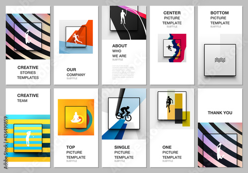 Social networks stories design, vertical banner or flyer templates. Covers templates for flyer, leaflet, brochure, banner. Abstract sport backgrounds in unique style for sport event, fitness design.