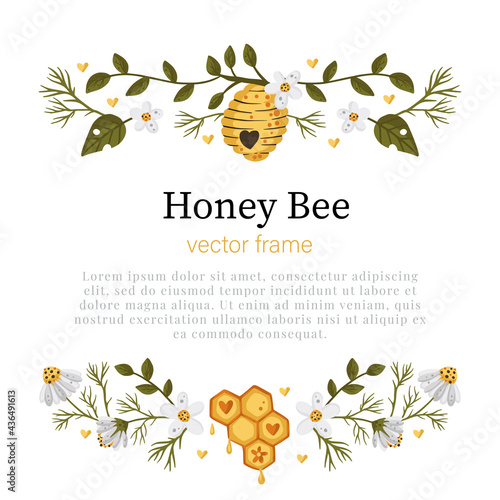 Honey bee cartoon frame border. Vector frame element. Greeting postcard advertisement divider.