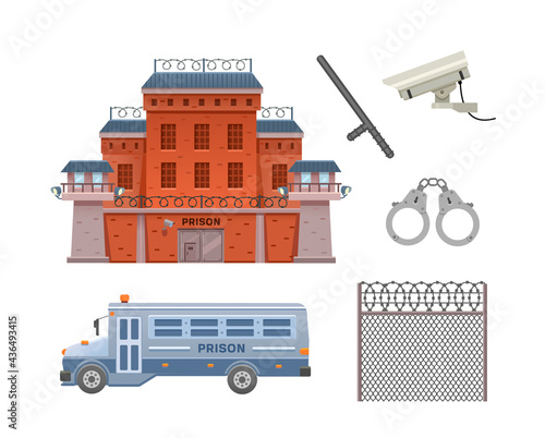 Prison building, prison bus, handcuffs, surveillance camera, police baton and prison fence. Set of vector flat illustrations of icons isolated on white background.