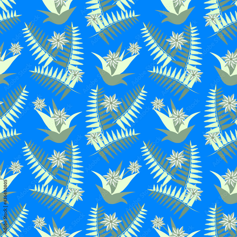 Fern leaves with aloe flowers seamless pattern.
Fern leaves with aloe flowers seamless pattern.