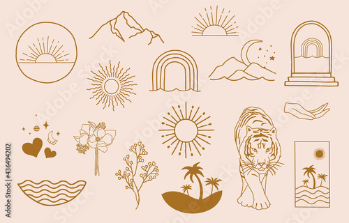 Collection of line design with sun,sea,wave.Editable vector illustration for website, sticker, tattoo,icon