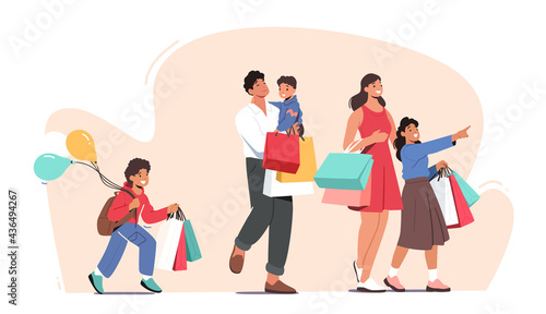 Happy Family Shopping. Father, Mother and Little Kids Holding Paper Bags and Balloons Visiting Supermarket for Purchases