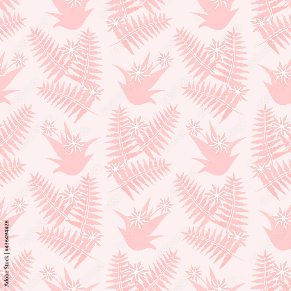 Fern leaves with aloe flowers seamless pattern.
