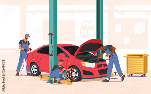 Mechanic Dressed in Blue Overall Stand near Broken Car with Open Hood Holding Instruments in Hands, Workers Fixing Auto