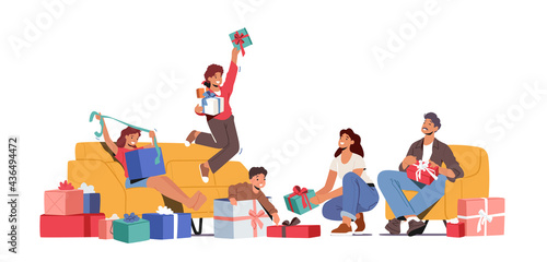 Parents and Kids Changing Presents on Holiday. Mother and Father Presenting Gifts to Children, Family Relations
