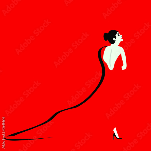 A woman wears a long red gown in a minimalist fashion and beauty illustration featuring negative space with ample room for text.
