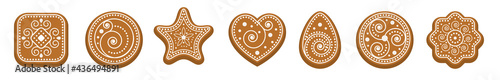 Ginger bread cookies with white sugar icing. Set of biscuits, various geometric shapes ornate with abstract pattern. Square, heart, circle, star. Christmas homemade sweets. Vector illustration
