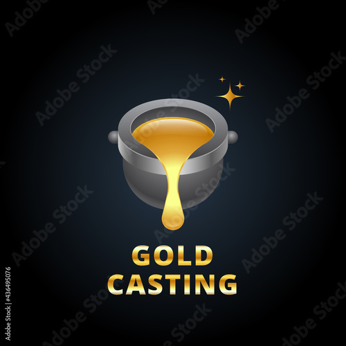Gold casting logo. Cast iron ladle and fused gold, copper. Extraction of precious metals. 3d style. Vector, illustration