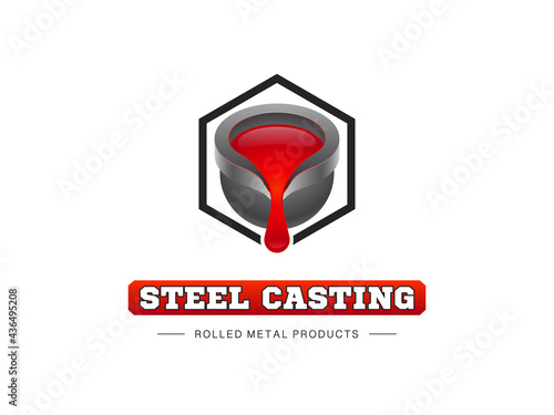 Metal casting logo on a white background. Cast iron ladle and flowing red molten metal. Vector, illustration
