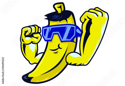 Cool muscular banana character in sunglasses. Happy banana fruit isolated on white background. Cartoon vector mascot