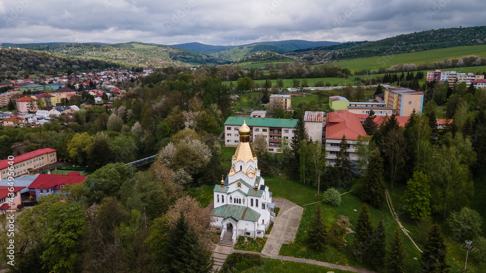 Aerial views of the Orthodox Church in Medzilaborce, Slovakia