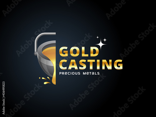 Casting gold logo on a dark background. Cast iron ladle and fused gold, copper. Precious metal mining concept in 3d style. Vector, illustration