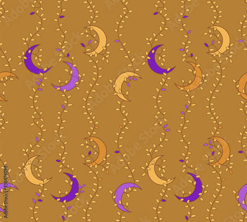 vector seamless pattern of moons on branches in dark purple and yellow colour scheme, main colour is yellow