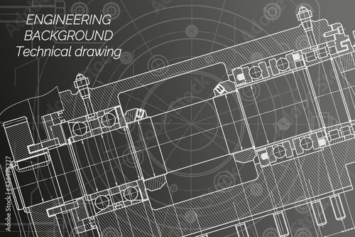 Mechanical engineering drawings on black background. Milling machine spindle. Technical Design. Cover. Blueprint.