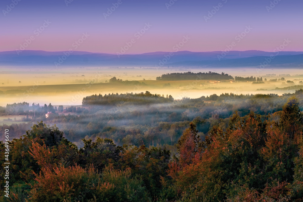 Beautiful sunrise in a misty valley in Poland