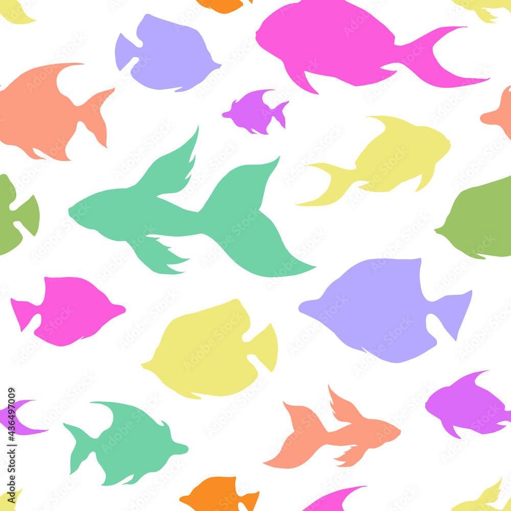 Fototapeta premium Multicolored tropical fishes silhouette seamless pattern. Exotic ocean surface pattern design. Marine animals contour endless texture. School of fish boundless background. Cute sea life editable tile.