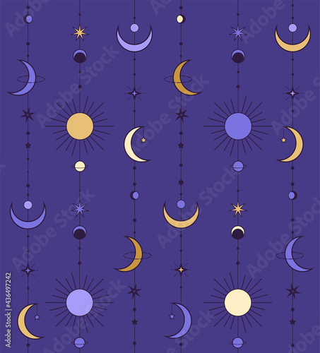 vector seamless pattern of cosmos elements on endless line in dark purple and yellow colours scheme, main colour is dark purple