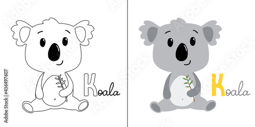 Cute koala with sign Koala. For coloring with example. For kids. isolated on white background. vector