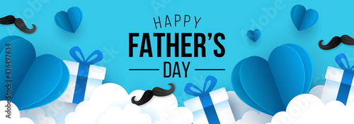 Father's day sale banner template for social media advertising, invitation or poster design with paper art heart shape and gift box background.