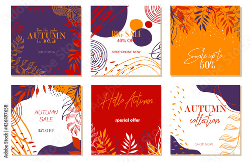 Design backgrounds for social media banner.Set of instagram post frame templates.Vector cover. Mockup for personal blog or shop.Layout for promotion.Endless square puzzle.