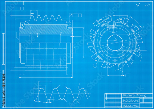Mechanical engineering drawings on blue background. Cutting tools, milling cutter. Technical Design. Cover. Blueprint.