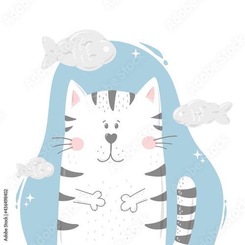 funny cat surrounded with fish clouds on blue background. Good for nursery posters, prints, cards, stickers, kids apparel, etc. EPS 10