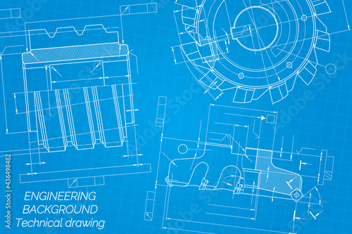 Mechanical engineering drawings on blue background. Cutting tools, milling cutter. Technical Design. Cover. Blueprint.
