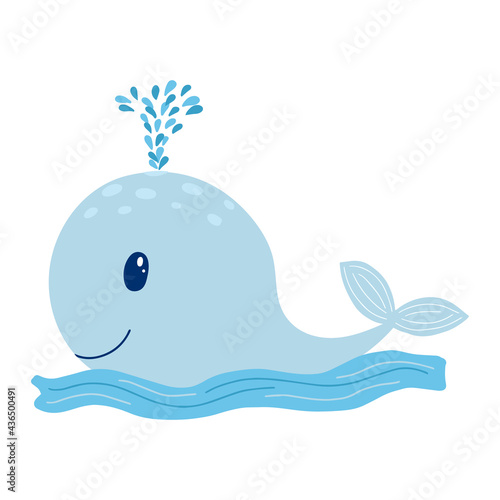 Cute cartoon blue whale with water fountain. Isolated on white background. Vector
