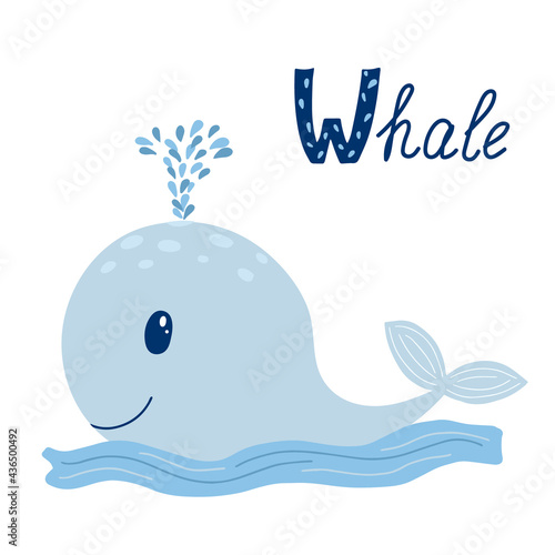 Cute whale with sign Whale. Letter W learning. Animal alphabet. isolated on white background. vector illustration.