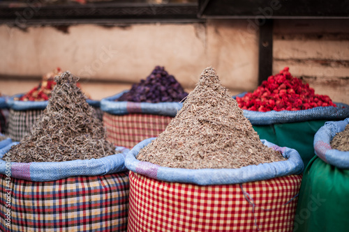 selection of condiments spices and peppers on the market in the old town in the Middle East