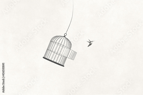 Valokuva illustration of little bird flying out of open birdcage, surreal freedom motivat