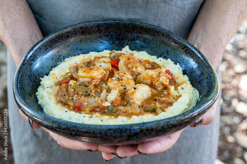 Shrimp and grits in a bowl photo