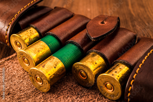 Hunting ammunition 12 gauge in leather bandolier on a wooden table. Focus on the cartridges