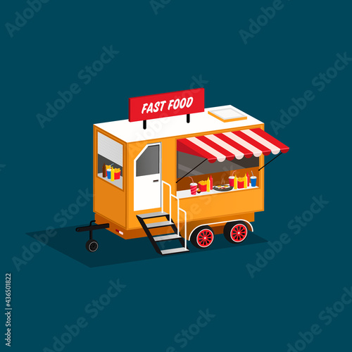 Fast food restaurant trailer. 3d vector illustration of a fast food trailer in isometry. French fries, fried eggs, soda, bacon, and sauces are grouped separately.