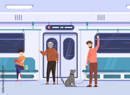 Crowd of people go by public transport metro. Passengers inside city bus subway train. Woman reading book, man with pet at train interior. Elderly man prepares to leave