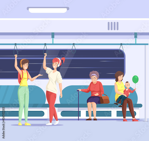 Crowd of people go by public transport metro. Passengers inside city bus subway train. Woman elderly children at train interior communicate, talk, reading book.