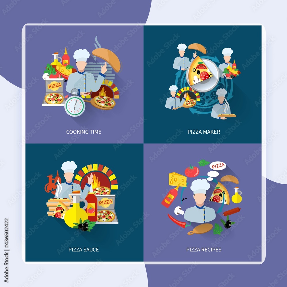 Pizza maker flat icons set with cooking time sauce recipes isolated vector illustration Pizza maker flat icons set with cooking time sauce recipes isolated vector illustration